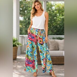 Caleooa Abstract Print Wide Leg Pants NWT Size L | Colorful Resort Palazzo Pant